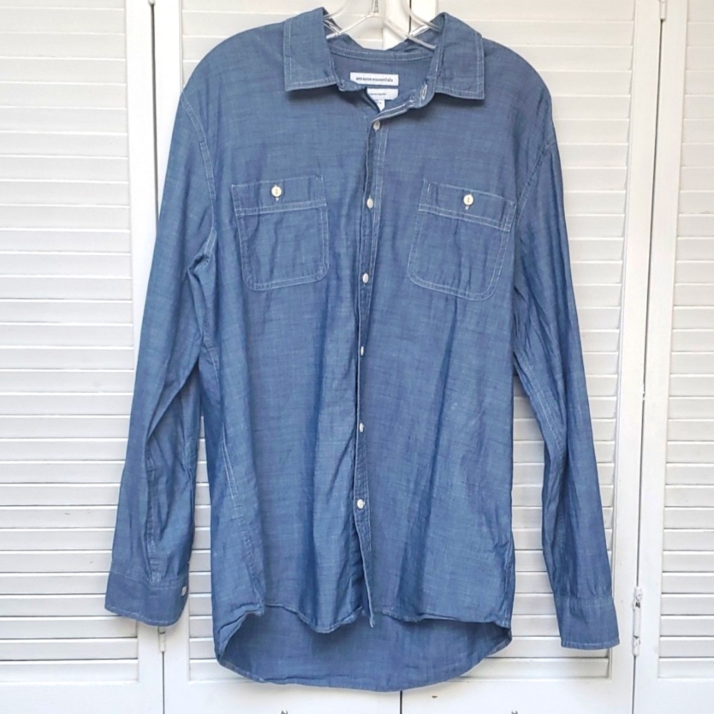 Amazon Essentials Mens Long Sleeve Chambray Button Down Shirt Size L Reg…